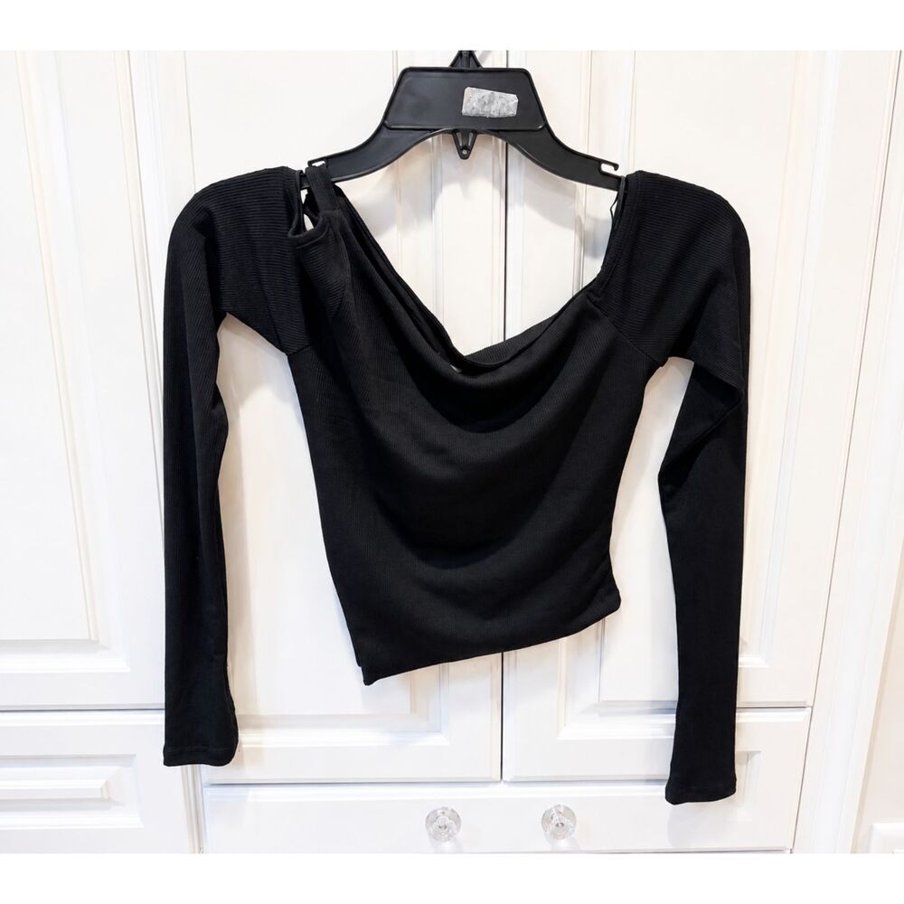 NWT Princess Polly Jalis One Shoulder Top Black Ribbed Long Sleeve‎ US 2 AU 6